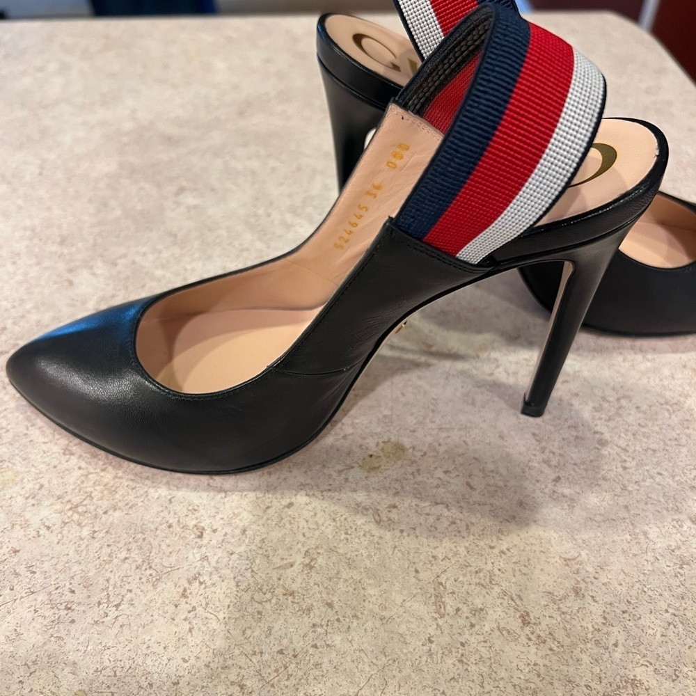 GUCCI SYLVIE WEB SLINGBACK BLACK LEATHER 3.25" HEELS PUMP SHOES 36 - Picture 8 of 14